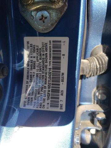 1HGFA16527L043216 - 2007 HONDA CIVIC LX BLUE photo 12