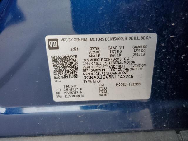 3GNAXJEV5NL143246 - 2022 CHEVROLET EQUINOX LT BLUE photo 13