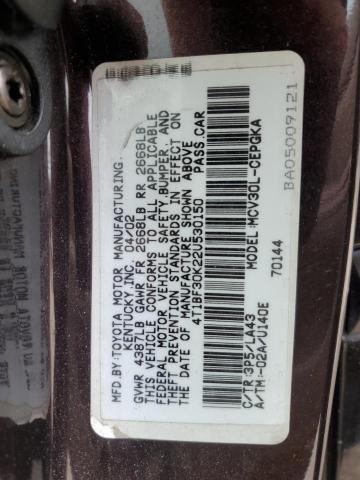 4T1BF30K22U530150 - 2002 TOYOTA CAMRY LE BURGUNDY photo 12