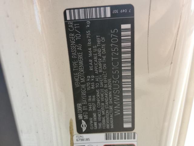 WMWSU3C51CT257075 - 2012 MINI COOPER WHITE photo 12