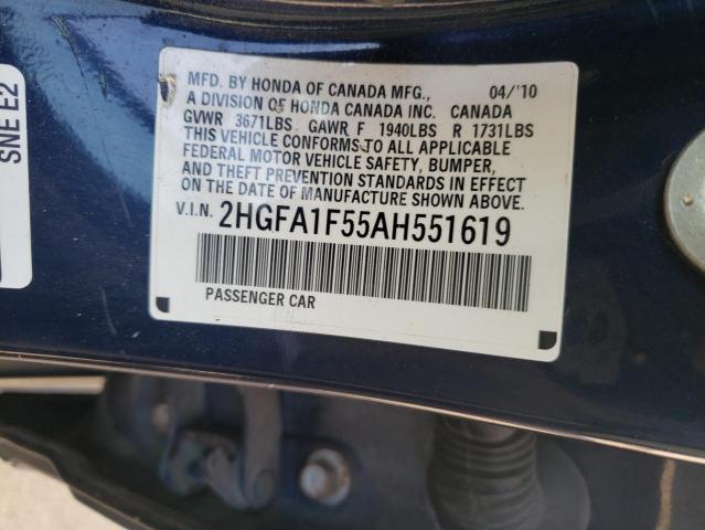 2HGFA1F55AH551619 - 2010 HONDA CIVIC LX BLUE photo 12