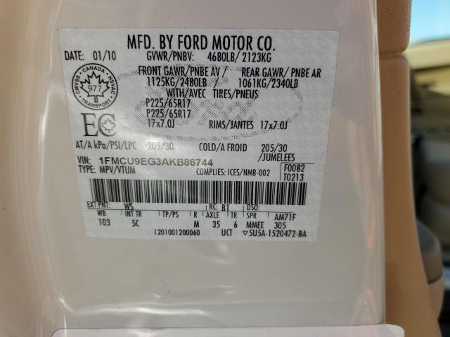 1FMCU9EG3AKB86744 - 2010 FORD ESCAPE LIMITED WHITE photo 13