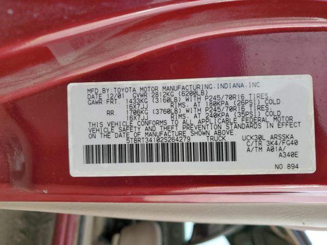 5TBRT34102S264279 - 2002 TOYOTA TUNDRA ACCESS CAB მუქწითელი ფოტო 12