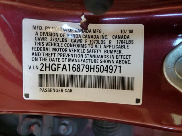 2HGFA16879H504971 - 2009 HONDA CIVIC EX MAROON photo 12