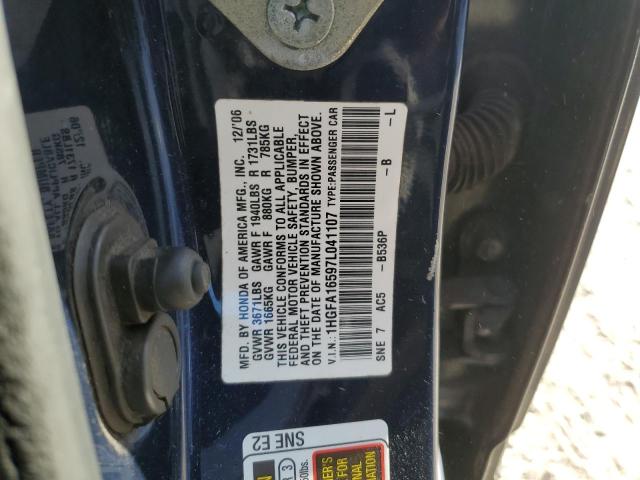 1HGFA16597L041107 - 2007 HONDA CIVIC LX BLUE photo 12