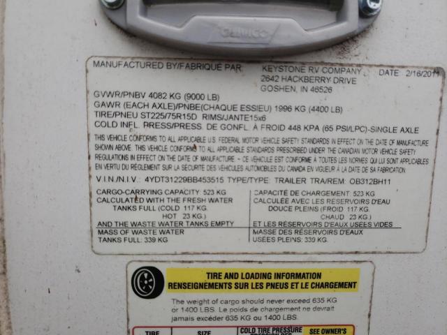 4YDT31229BB453515 - 2011 KEYSTONE OUTBACK BEIGE photo 10