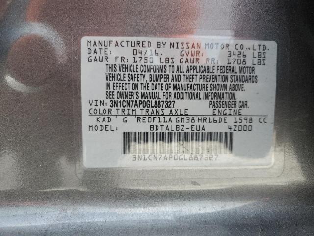 3N1CN7AP0GL887327 - 2016 NISSAN VERSA S GRAY photo 12