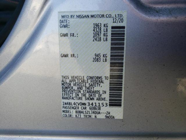 1N4BL4CV0MN341153 - 2021 NISSAN ALTIMA SR SILVER photo 12