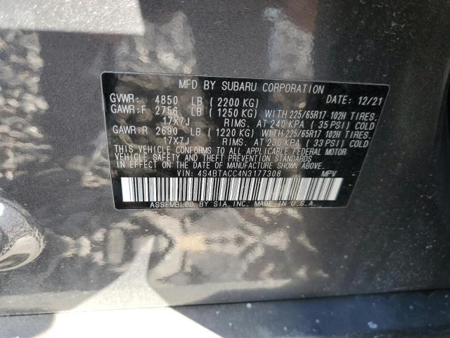 4S4BTACC4N3177308 - 2022 SUBARU OUTBACK PREMIUM GRAY photo 12