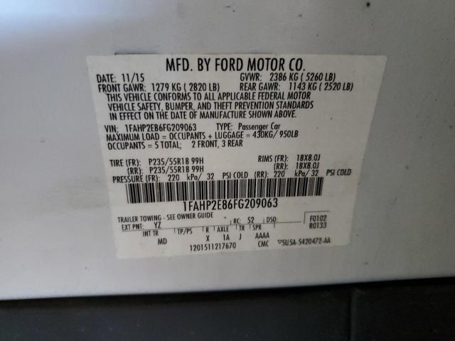 1FAHP2E86FG209063 - 2015 FORD TAURUS SEL WHITE photo 12