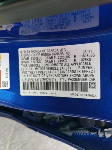 2HGFE2F26NH507019 - 2022 HONDA CIVIC LX BLUE photo 12