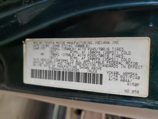 5TBBN44184S434585 - 2004 TOYOTA TUNDRA ACCESS CAB SR5 GREEN photo 13