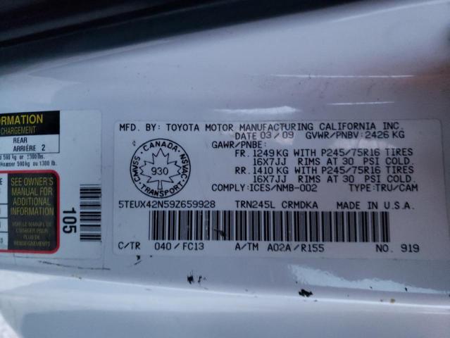 5TEUX42N59Z659928 - 2009 TOYOTA TACOMA ACCESS CAB თეთრი ფოტო 12