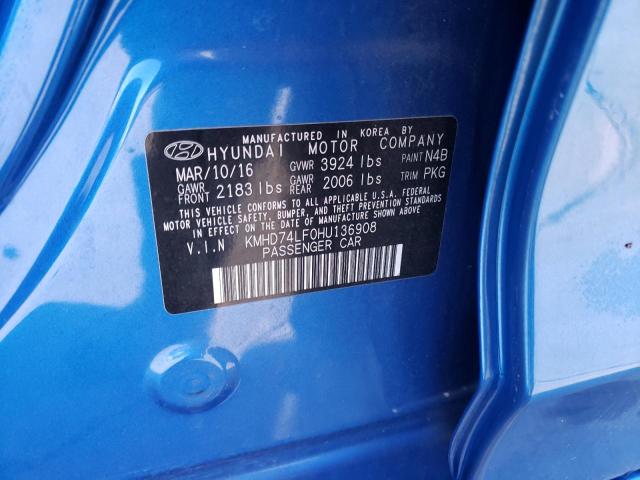 KMHD74LF0HU136908 - 2017 HYUNDAI ELANTRA SE BLUE photo 13