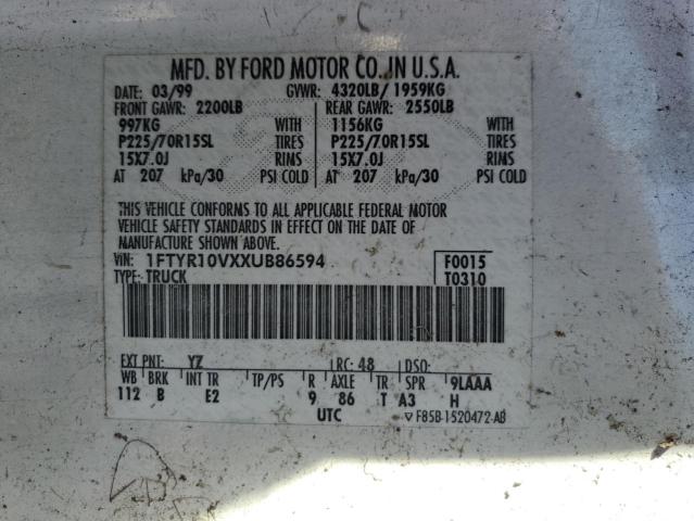 1FTYR10VXXUB86594 - 1999 FORD RANGER WHITE photo 12