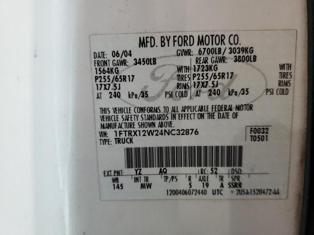 1FTRX12W24NC32876 - 2004 FORD F150 WHITE photo 12