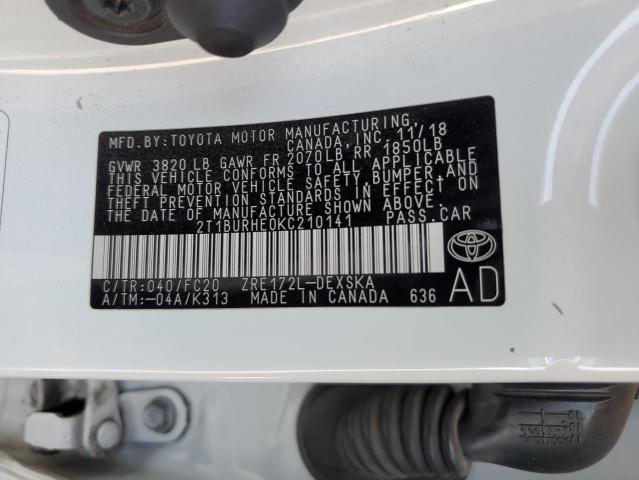 2T1BURHE0KC210141 - 2019 TOYOTA COROLLA L WHITE photo 12