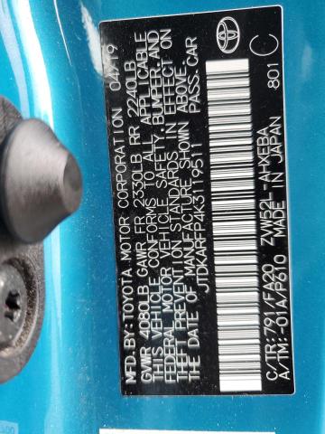 JTDKARFP4K3119511 - 2019 TOYOTA PRIUS PRIM ლურჯი ფოტო 13