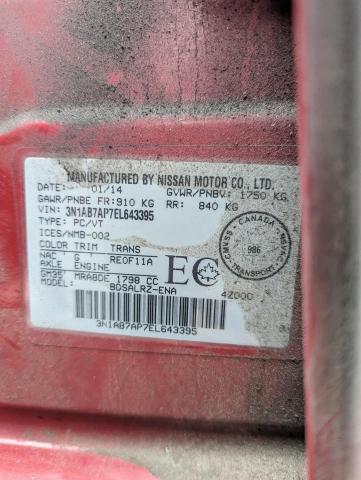 3N1AB7AP7EL643395 - 2014 NISSAN SENTRA S RED photo 12