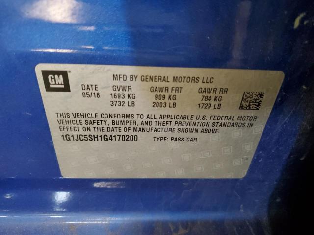 1G1JC5SH1G4170200 - 2016 CHEVROLET SONIC LT BLUE photo 12