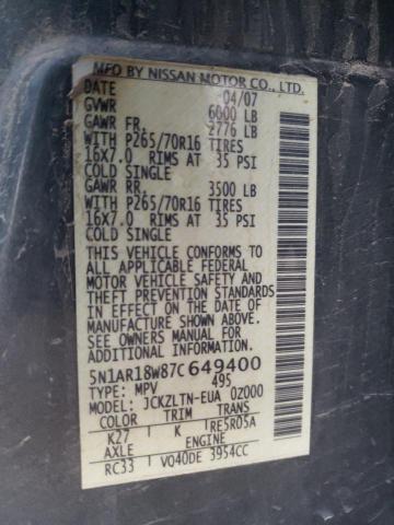 5N1AR18W87C649400 - 2007 NISSAN PATHFINDER LE GRAY photo 12