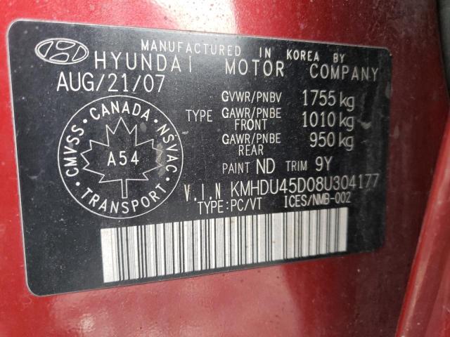 KMHDU45D08U304177 - 2008 HYUNDAI ELANTRA GL RED photo 12