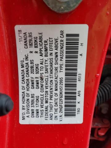 2HGFC2F60KH512995 - 2019 HONDA CIVIC LX RED photo 12