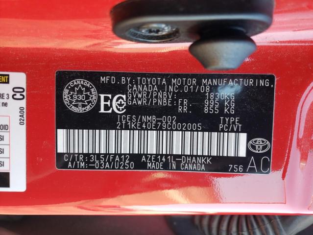 2T1KE40E79C002005 - 2009 TOYOTA COROLLA MA S RED photo 12