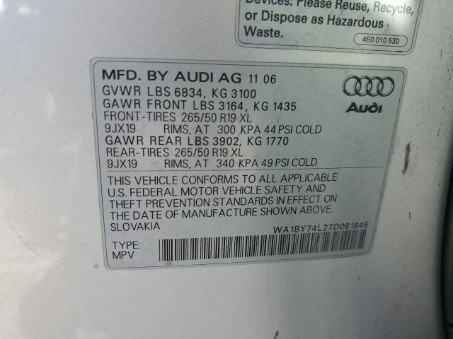 WA1BY74L27D061846 - 2007 AUDI Q7 3.6 QUATTRO PREMIUM SILVER photo 13