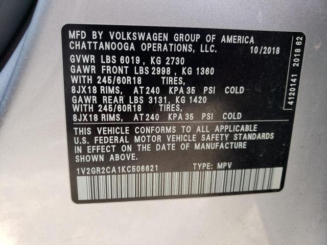 1V2GR2CA1KC506621 - 2019 VOLKSWAGEN ATLAS S SILVER photo 13