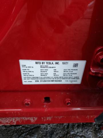 5YJSA1E51MF452403 - 2021 TESLA MODEL S წითელი ფოტო 12