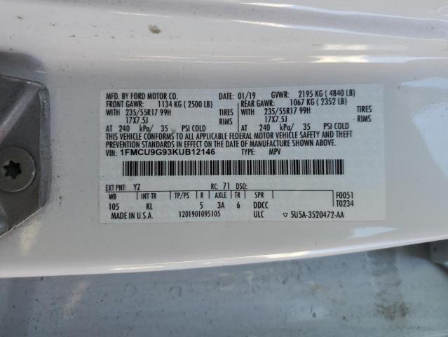 1FMCU9G93KUB12146 - 2019 FORD ESCAPE SE WHITE photo 12