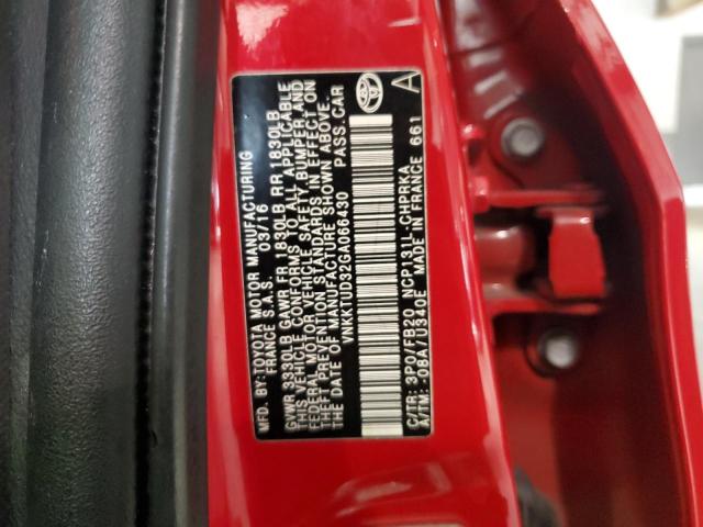 VNKKTUD32GA066430 - 2016 TOYOTA YARIS L RED photo 12