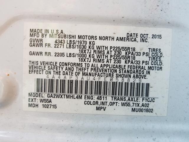 4A4AP3AU4FE058829 - 2015 MITSUBISHI OUTLANDER ES WHITE photo 10