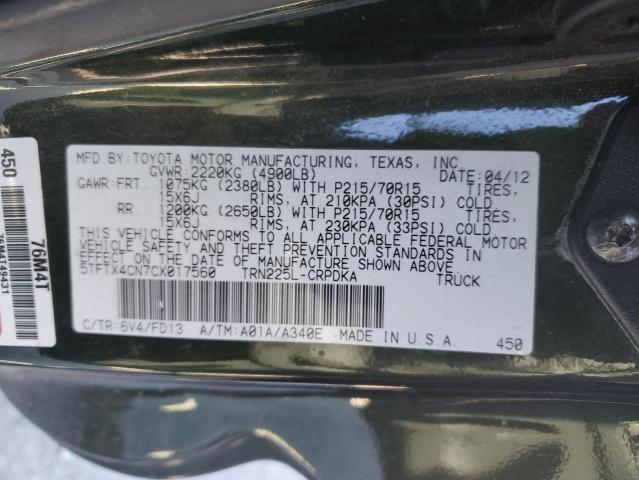 5TFTX4CN7CX017560 - 2012 TOYOTA TACOMA ACCESS CAB მწვანე ფოტო 12