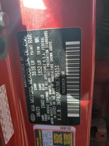 3KPA24AD3ME395151 - 2021 KIA RIO LX RED photo 12