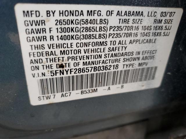 5FNYF28657B036218 - 2007 HONDA PILOT EXL BLUE photo 13