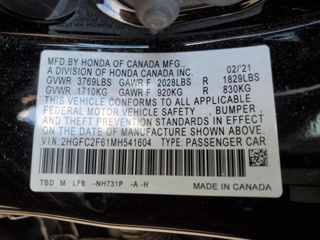 2HGFC2F61MH541604 - 2021 HONDA CIVIC LX BLACK photo 12