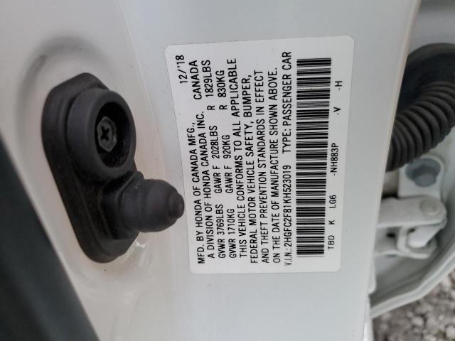 2HGFC2F81KH523019 - 2019 HONDA CIVIC SPORT WHITE photo 12