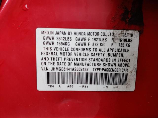 JHMGE8H41AS002432 - 2010 HONDA FIT SPORT RED photo 12