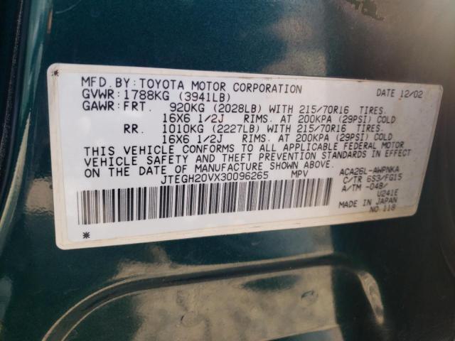 JTEGH20VX30096265 - 2003 TOYOTA RAV4 GREEN photo 13