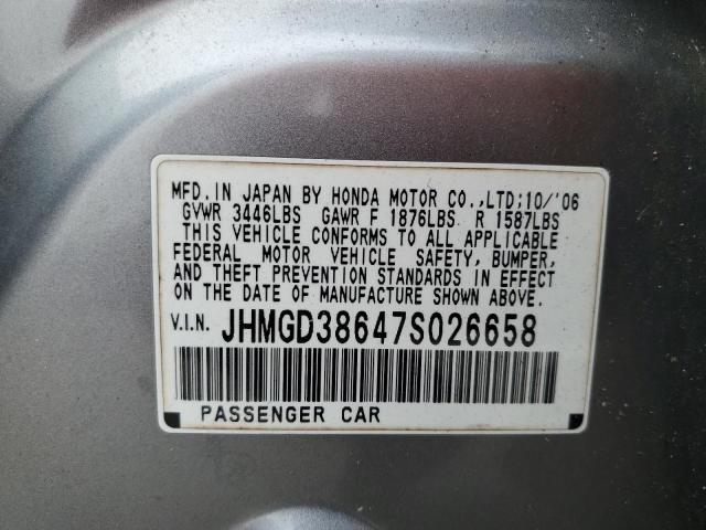 JHMGD38647S026658 - 2007 HONDA FIT S ვერცხლისფერი ფოტო 12