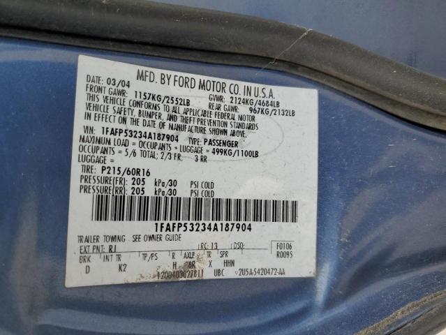 1FAFP53234A187904 - 2004 FORD TAURUS SE BLUE photo 12