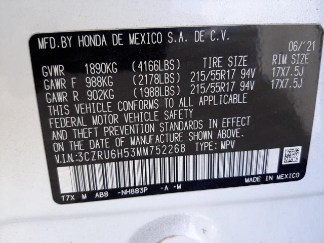 3CZRU6H53MM752268 - 2021 HONDA HR-V EX WHITE photo 12