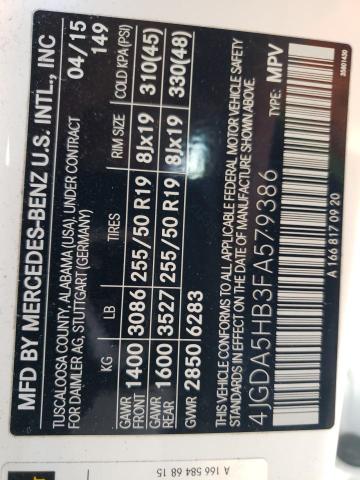 4JGDA5HB3FA579386 - 2015 MERCEDES-BENZ ML 350 4MATIC WHITE photo 14