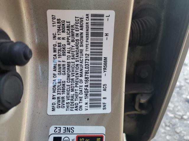 1HGFA16878L037312 - 2008 HONDA CIVIC EX BEIGE photo 12