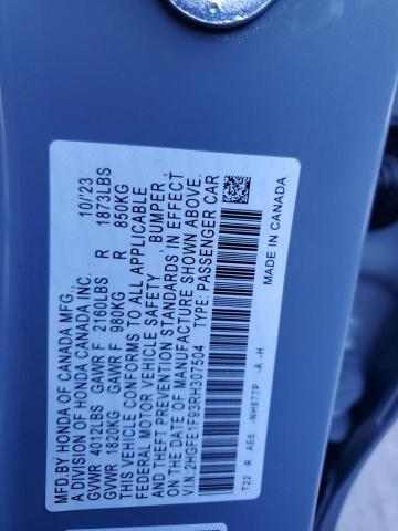 2HGFE1F93RH307504 - 2024 HONDA CIVIC TOURING BLUE photo 12