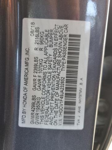 1HGCV1F49JA232852 - 2018 HONDA ACCORD EX GRAY photo 12