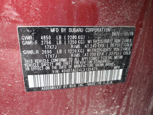 4S4BTACC4L3135475 - 2020 SUBARU OUTBACK PREMIUM RED photo 13