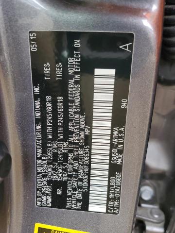 5TDKKRFH8FS086345 - 2015 TOYOTA HIGHLANDER XLE GRAY photo 12